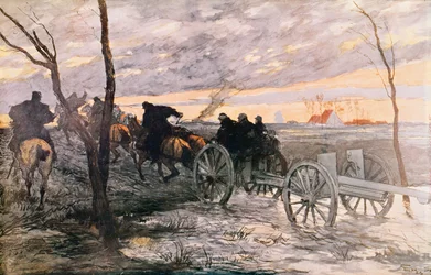 Pôr do sol no vale de Yser: um canhão de 75 sendo rodado para uma posição estratégica, c.1914